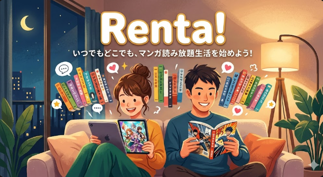 ソファでくつろぎながら、女性はタブレット、男性は本（マンガ）で電子書籍サービス「Renta!」を楽しむ様子を描いたイラスト。