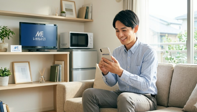 清潔感のあるレオパレスの室内で、スマートフォンを手に笑顔でお部屋探しをする会社員男性。